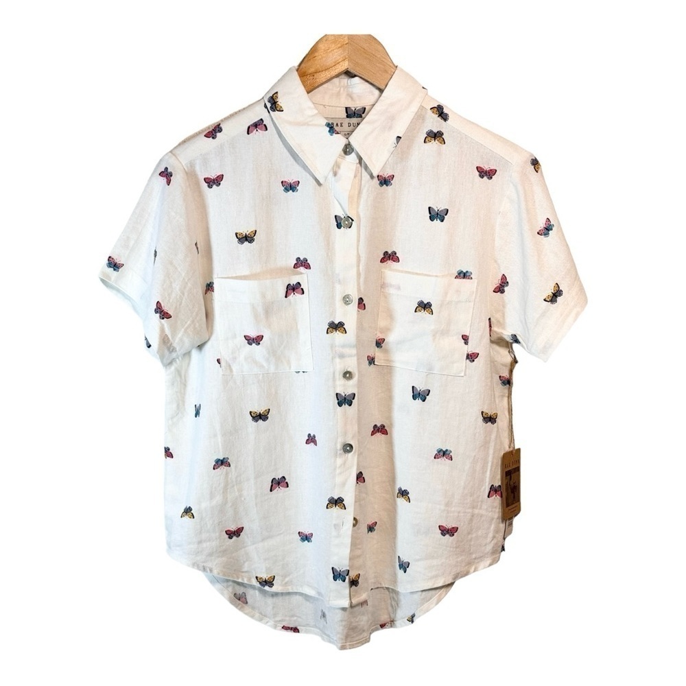 Rae Dunn Linen Butterfly Button Down Shirt NWT